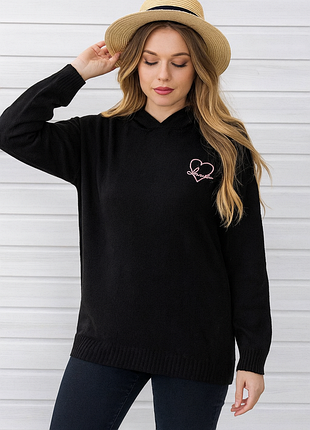 Свитер удлиненный туника с сердечком мирер худи черное 42 44 сердце вышивка распродаж