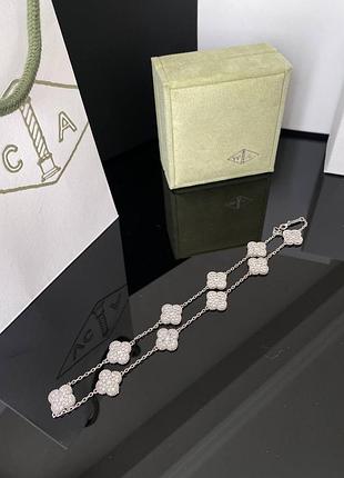 Клевер колье с цирконием / ванклиф подвека короткая с цирконием / серебро, белое золото - покрытие