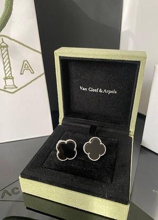 Ван клиф серьги черные "клевер" на итальянском замочке, покрытие серебро 925