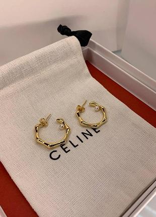 Брендовые серьги селин с жемчугом в лимонном золоте, люкс качество