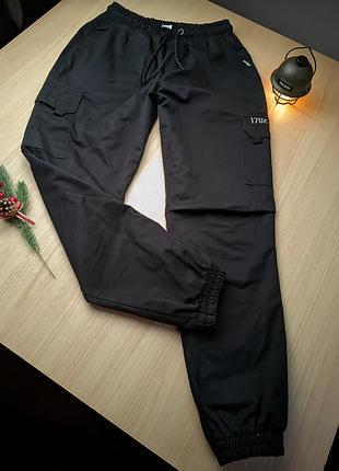 Штани карго чорні фліс теплі коттон хлопок бавовна на резинці кишені м зимні утепленні джогери