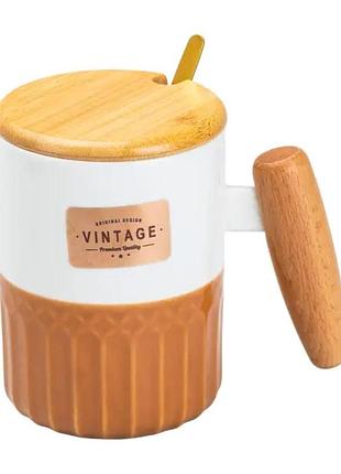 Чашка порцелянова з бамбуковою кришкою та ручкою 400 мл коричнева hp7204br