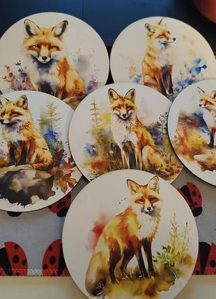 Підставка під чашку кругла декор лисичка набір 6 шт.