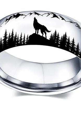 Каблучка срібляста з прінтом вовка, розмір 20