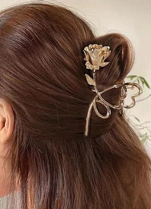 Металева заколка краб у вигляді троянди, колір золотистий