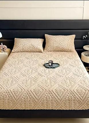 Простынь на резинке теплая плюш 150×200 цвет карамель