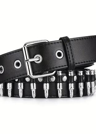 Ремень с пулями «патронташ» длина 1,10 м. (цвет ремня - черный, кожа, цвет пуль - серебро) арт. 07756