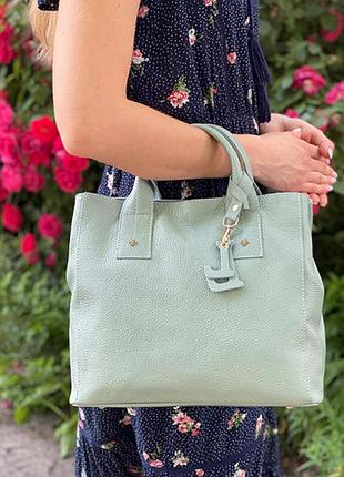 Стильная сумка на два отделения из натуральной оливковой итальянской кожи