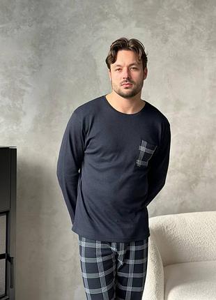 Тепла байка піжама в клітинку сорочка і штани зелена клітинка для чоловіків