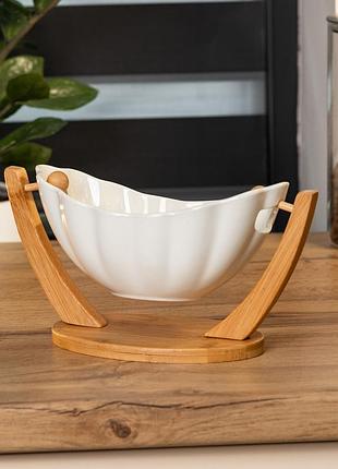 Ваза для фруктов белая керамическая 33×14×16 см на деревянной подставке кондитерская фруктовница ve-33