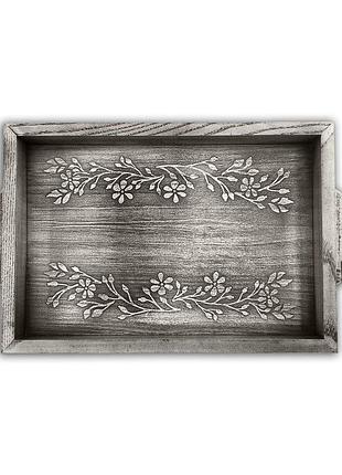 Піднос дерев'яний 20х30 квіти сірий вінтаж хрп0014св