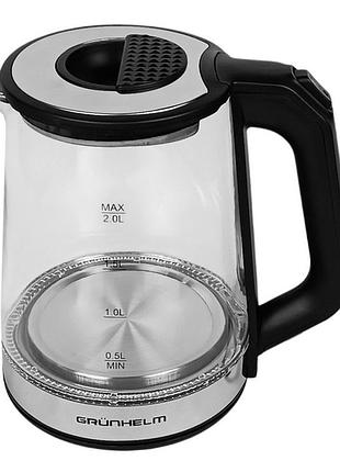 Электрочайник стекло - ekg-2313, 2,0л, 1500вт, черный, диск (grunhelm)