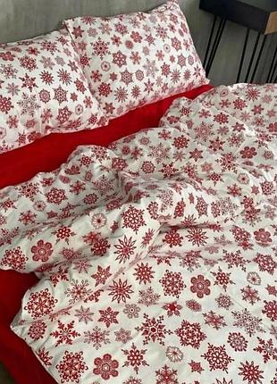 Постельное белье ранфорс снежинки красные двуспальный евро