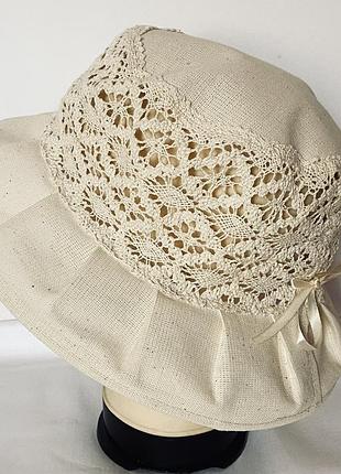 Женская шляпка-панамка льняная рогожка с кружевами светло бежевый поля 7 см