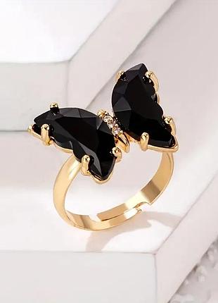 Золотиста каблучка з чорним метеликом, розмір реголюється