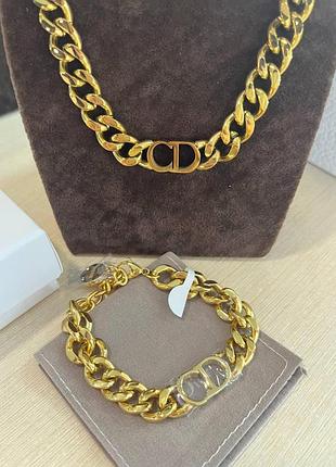 Диор подвеска и браслет крупная цепь позолота / чокер диор цепь лимонное золото
