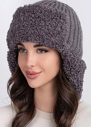 Вязанная женская ушанка с эко мехом графит