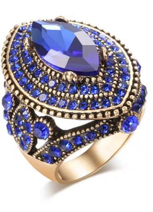 Брендова каблучка перстень бронзового кольору з синіми камінцями, розмір 18,19