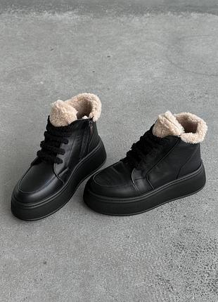 Натуральная кожа, классные модные черные женские зимние ботинки