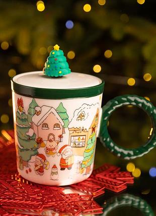 Чашка фарфоровая с крышкой елка 400 (мл) зеленый yiwu fm-cs-36b