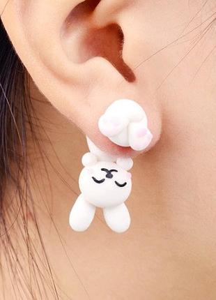 Серьги детские "зайчики", белый - длина серьг 2,8см, полимерная глина, (ручная работа)