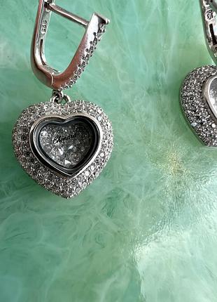 Шопар серьги сердечки серебро 925 с цирконием / серьги сердца с цирконием серебро