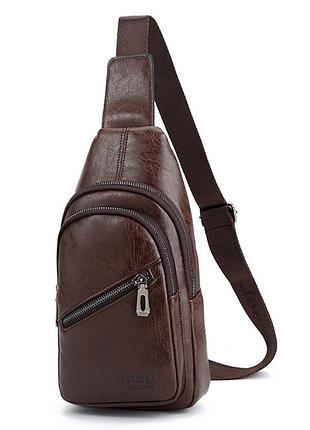 Мужская грудная сумка бананка jeep эко кожа. барсетка на грудь, на плечо для мужчин темно-коричневый
