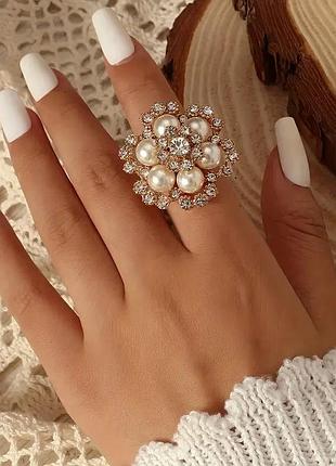 Каблучка перстень з камінцями та перлинками, розмір реголюється