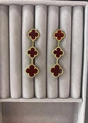 Сережки "конюшина" червоні довгі – покриття лимонним золотом, витончений стиль