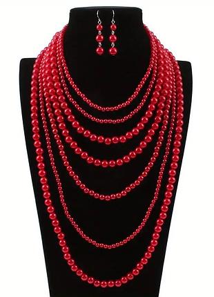 Багатошарове червоне намисто + сережки