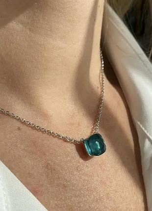 Помеллато цепочка / подвеска / покрытие серебро 925 / камень цвета морской волны / крупный кристалл зелено-голубой