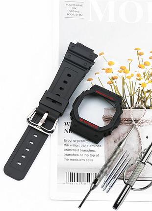 Комплект корпус (рант) + ремешок для g-shock dw-5600 / gw-b5600 / gb-5600 / gwx-5600 / dw-5025 черный с красными надписями