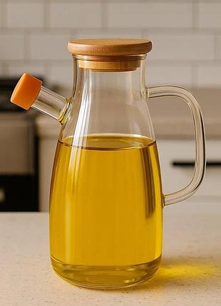 Стеклянная бутылка для масла и уксуса с носиком и дозатором 650 мл, деревянная крышка, квадратная ручка hp-34-1-650