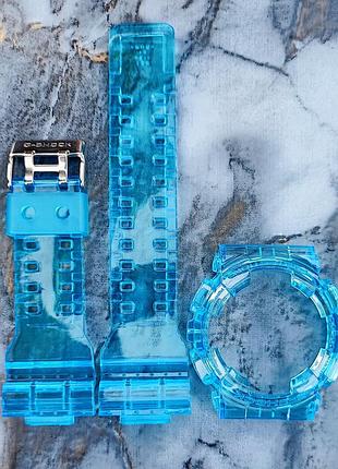 Ремешок + корпус (рант) для g-shock ga-100 / ga-110 / ga-120 / gd-100 / gd-120 / gax-100 / gls-100 прозрачный синий