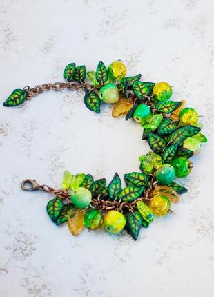 Браслет зелён яблоко лист полимерн ручн подарок бижутер необычн украш фрукт