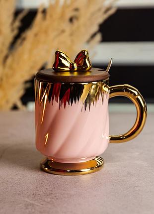 Новорічна порцелянова чашка «золотий вихор» 450 мл з кришкою і ложкою yiwu fm-23b