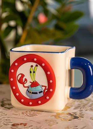 Фарфоровая чашка "мистер крабс" с магнитным декором 500 мл, кружка детская чашка из фарфора на подарок fm-12bl
