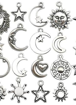 Набор металлических шармов 40 шт (звёзды, луна, солнце), бронза, подвески для украшений и декора