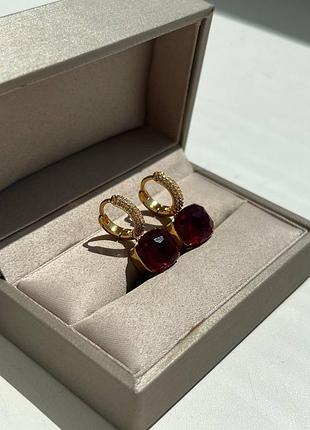 Серьги цирконы позолота 18 к / винтажные сережки с гранатовым камнем
