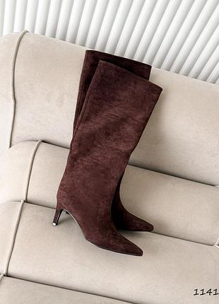 Трендовые сапоги трубы в шоколадном цвете утепления флис