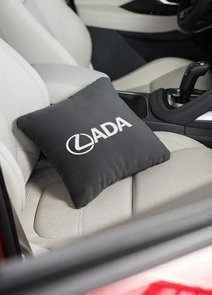 Подушка автомобильная с логотипом lada лада,подушка-подголовник флок разные цвета темно серый