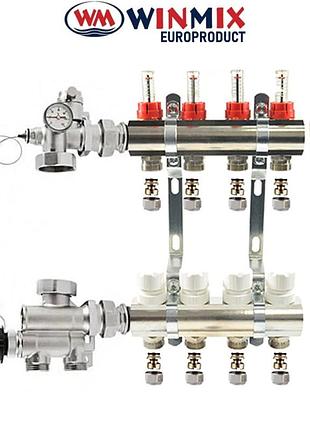 Коллекторный узел в сборе c нижним подключением для системы "теплый пол" winmix на 4 выхода (балка латунь)