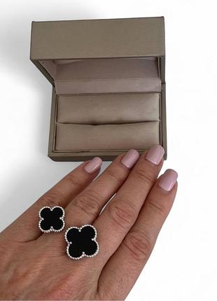 Van cleef кольцо черное в посеребрение / кольцо клевер двойное черное