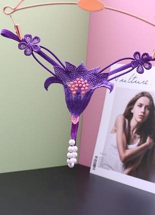 Эротические трусы с жемчугом цветок универсальный фиолетовый