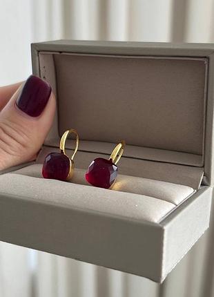 Серьги помеллато позолота 18 к / сережки с камнем винного оттенка