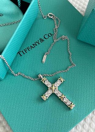 Тиффани подвеска крест цирконы посеребрение. упаковка tiffany