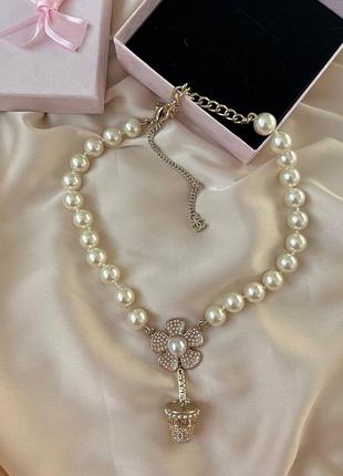 Підвіска шанель перли циркони позолота 18 к/перлове кольє з кулоном