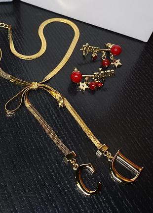 Підвіска-бант і сережки діор з червоними вставками, позолота 18 к (можна окремо)