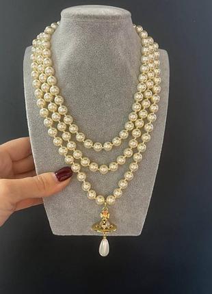 Вивьен вествуд подвеска жемчуг позолота 18 к / многоярусные жемчужные бусы с кулоном