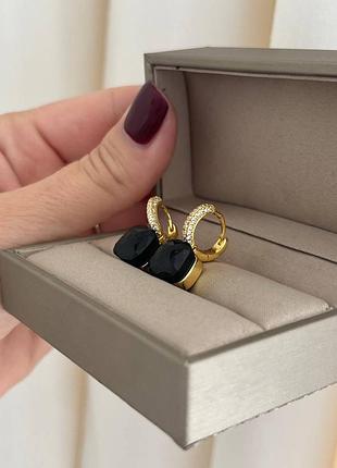 Серьги помеллато позолота 18 к / винтажные сережки с черным камнем